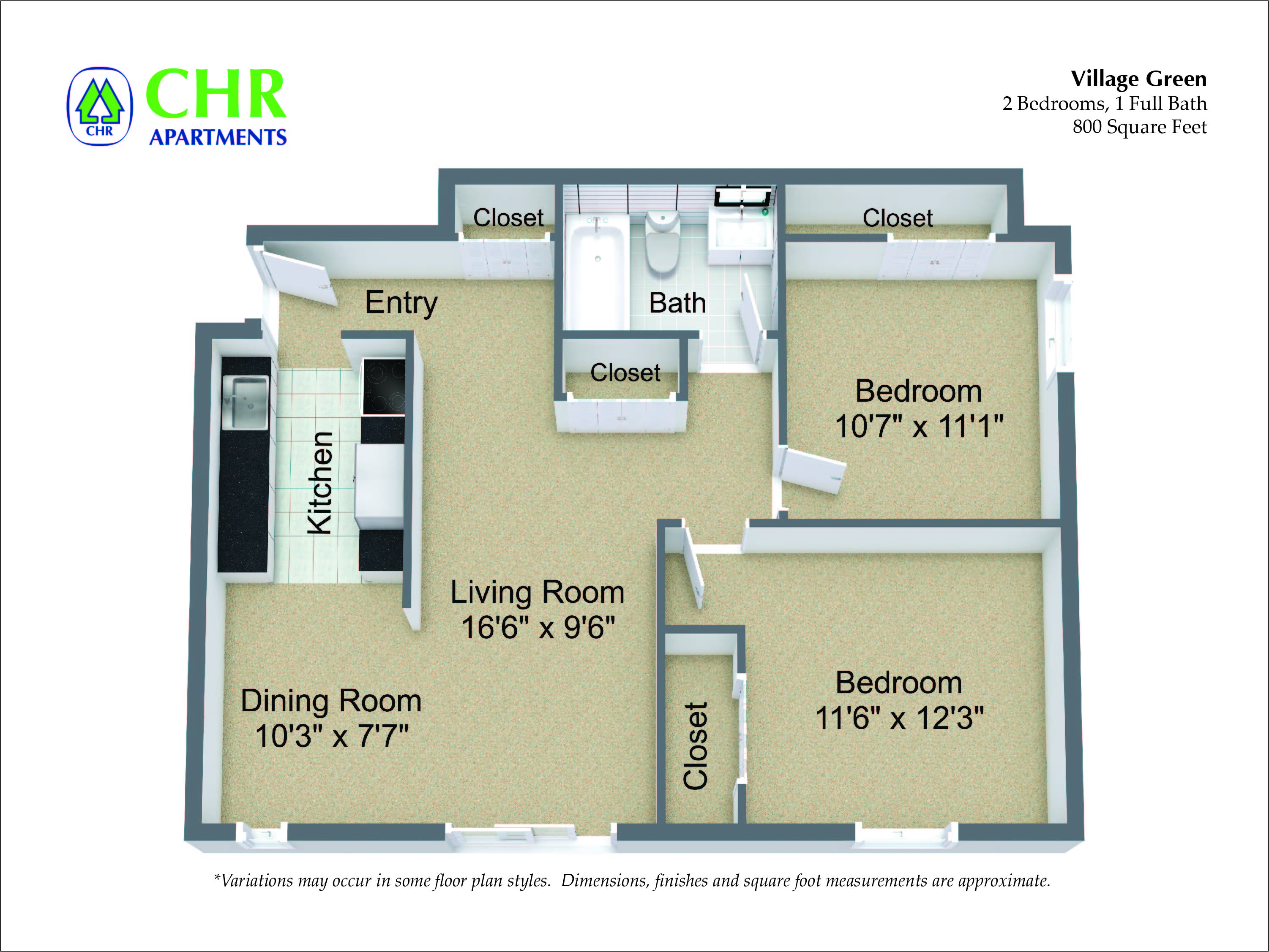 Floor plan for 2 beds, 1 bath, 800 sqft